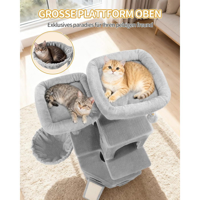Кігтеточка для котів Hzuaneri, 174 см, XL, 2 платформи, 2 печери, 4 стовпчики, дошка для шліфування кігтів, мотузка з сизалю, плюшеві кульки, сірий колір, для кількох котів MS17418LG