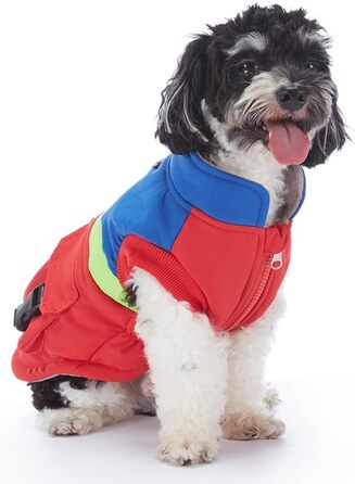 Тепла водовідштовхувальна куртка для собак маленьких та середніх порід. Зігріваючий зимовий одяг для собак з отвором для повідка та кишенями, світловідбиваюча (червоний, синій, S)