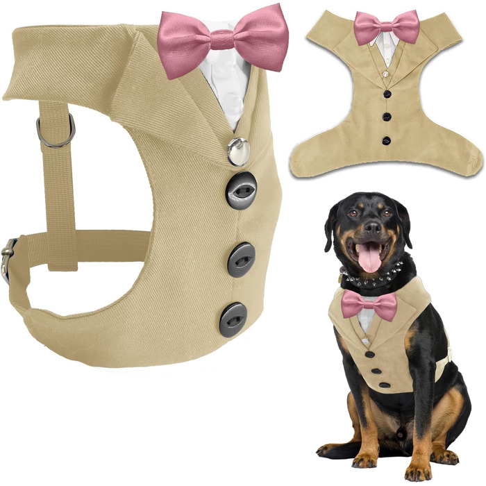 Smoking для собак: стильний костюм для собак середніх та великих порід XL. Костюм для свят, вечірок, косплею, Хелловіну, весілля. Бежевий smoking з рожевою краваткою.