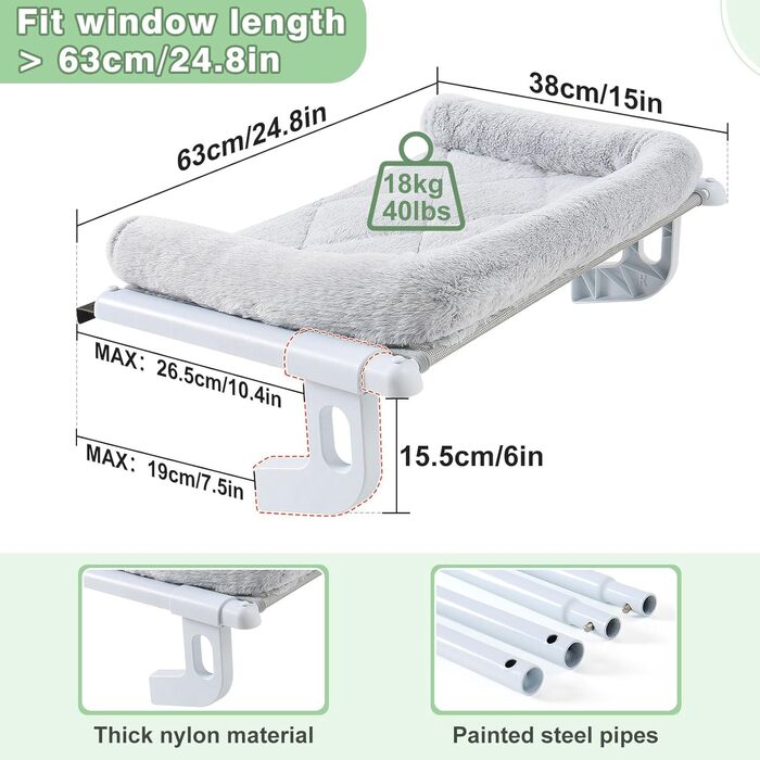 Підвісна гамак для котів Sunhoo, лежанка на підвіконні, стійка для великих котів, лежанка для дому, для кошенят, балкон, легка установка, без свердління, міцна, без присосок, до 18 кг, сірий колір, розмір L