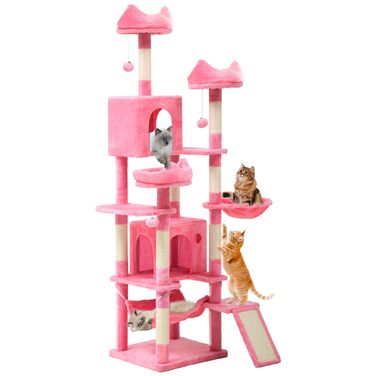 Котячий комплекс YITAHOME XXL, 190 см, з 8 стовпчиків сизалю, 3 платформи, 2 будиночки, кошик, гамак, іграшки, колір рожевий