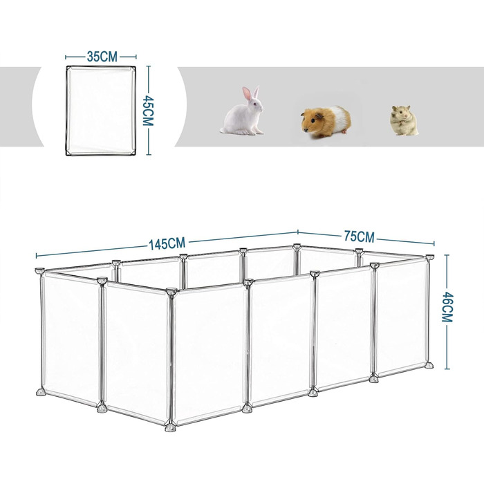 Клітка для кроликів, морських свинок та цуценят EUGAD, 145x46x75 см, прозора панель 35x45 см, без дверцят