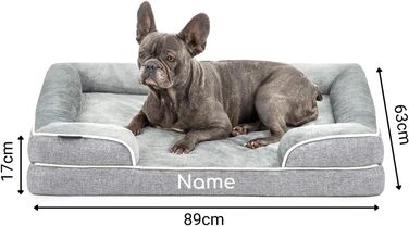 Ортопедичне ліжко для собак Lionto з піднятим бортиком, 89x63x17 см, міцне собаче ліжко з м'яким фланелевим наповнювачем, знімний та пральний чохол, неслизьке, для маленьких та великих собак та котів, сіре (з іменним нанесенням)