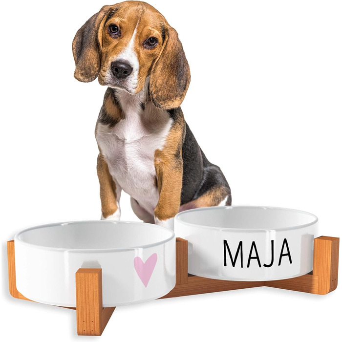 OWLBOOK Миска для собак з іменем Rosa Herz, подвійна керамічна миска з бамбуковим підставкою, 300 мл