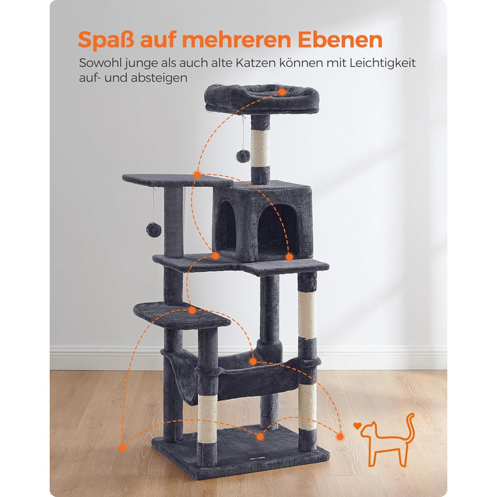Дім-кіготник для котів Feandrea, 143 см, з 4 стовпчиками для шліфування, 2 платформами, гамаком, печерею, сірий, PCT161G01 L (55 x 45 x 143 см)