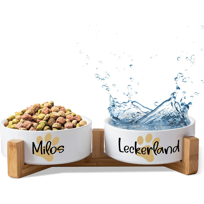 Керамічний подвійний набір мисок з іменем для собак та котів 'Велика лапа' - персоналізований набір мисок з/без підставки | Миска для собак, годівниця, миска для котів | Годівниця (2x 500 мл, підставка)