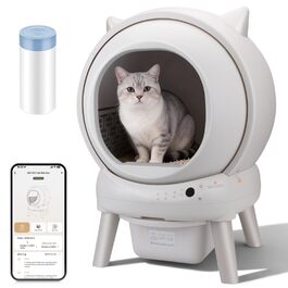 Автоматичний лоток для котів Katzenklo Selbstreinigend 73L з додатком, датчиками безпеки, захистом від запаху та моніторингом здоров'я. Підходить для кількох котів. Коврик для котячого туалету в комплекті. Колір: сірий.