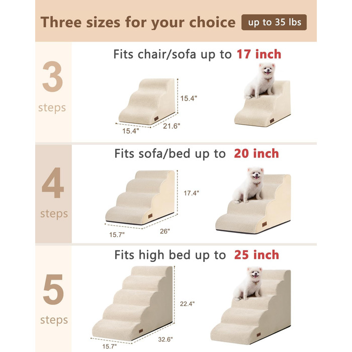 Сходинки для собак та котів на ліжко/диван, 4-х ступінчасті, з антиковзним покриттям, зручні та довговічні (26x15.7x17.4 см, Бежевий)