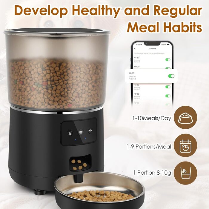 Автоматичний кормушка для котів з Wi-Fi, 4L, з нержавіючою чашею, програмування до 10 прийомів їжі на день, керування через додаток