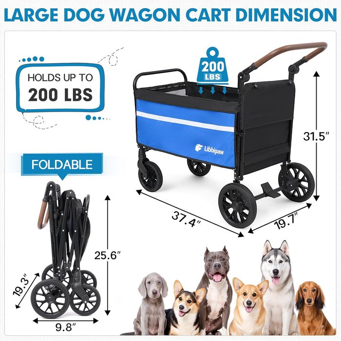 Універсальна візок для собак на великих колесах, 2-в-1 візок для дітей та собак з антиковзною рампою та поворотним ручками, складний візок для великих собак, літніх людей та травмованих тварин, для відвідування ветеринара, блакитний