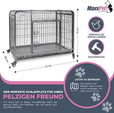 MaxxPet Клітка для собак, складана металева, з подушкою, для великих і малих порід, чорна, 79x48x61 см