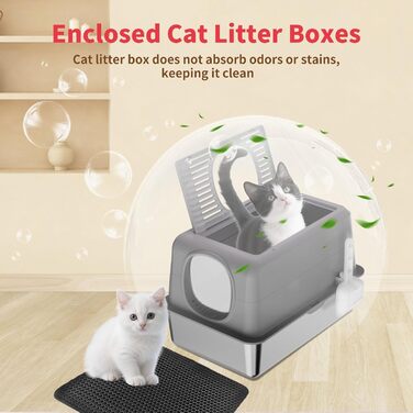 Лотку для котів з нержавіючої сталі з кришкою, великий, для великих котів, з совоком та килимком сірого кольору