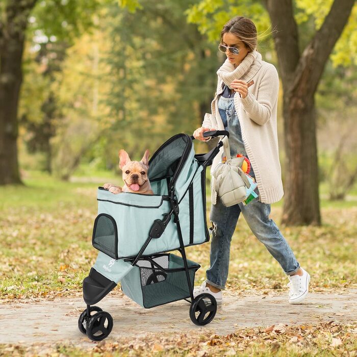 Дитяча коляска для тварин, складана, для котів/собак, з кошиком для зберігання та тримачем для напоїв, 3 колеса, для собак та котів, для маленьких або середніх собак, котів, цуценят (Блакитно-зелений)