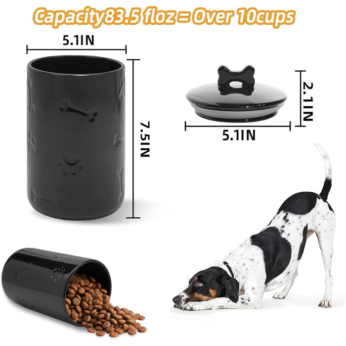 Керобниця для собачих ласощів, керамічна, 22,9 x 12,7 см, велика, з кришкою, у стилі фермерського дому, чорна, для собак та котів