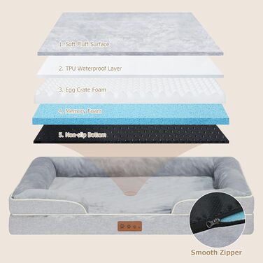 Ортопедичне ліжко для собак середніх порід - Водонепроникне ліжко для тварин з піною-пам'яттю знімний, пральний чохол, антиковзаюче ліжко-софа для собак середнього розміру (M, Сірий) 86.4 x 91.4 x 16.5 см