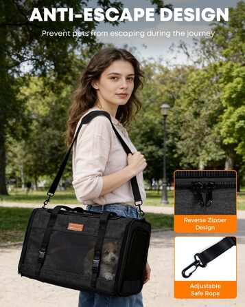 FOXFOCUS Сумка-переноска для собак з м'якими боковинами – 50,8 x 33 x 33 см, безпечний автокрісло, до 6,8 кг, верхній та бічний вхід, велика переноска для тварин з антицарапковим сітком, чорна
