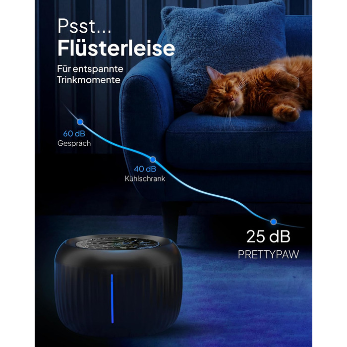 Фонтан-питилка для котів Pretty Paw з безшумною помпою, LED-підсвіткою та вугільним фільтром, 2.5 л, колір Obsidian Black