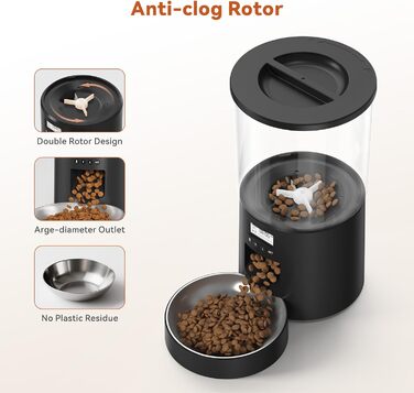 Автомат годівлі для котів 4.2L з програмуванням, з окремою мискою, подвійне живлення, 6 прийомів їжі на день (Чорний), миска з нержавіючої сталі