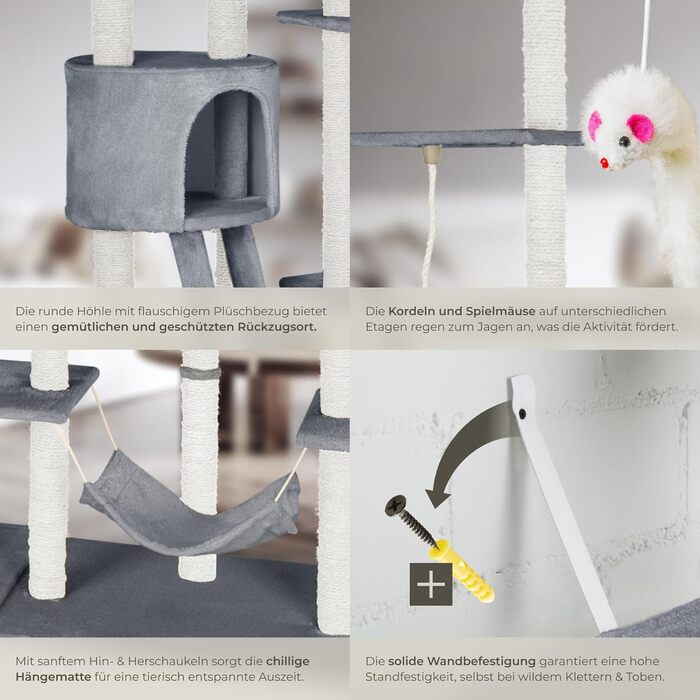 Драбина-кіготь Tectake Snooky | Ігровий центр для котів з багатоярусною драбиною та будиночком | Сірий колір, артикул 403917