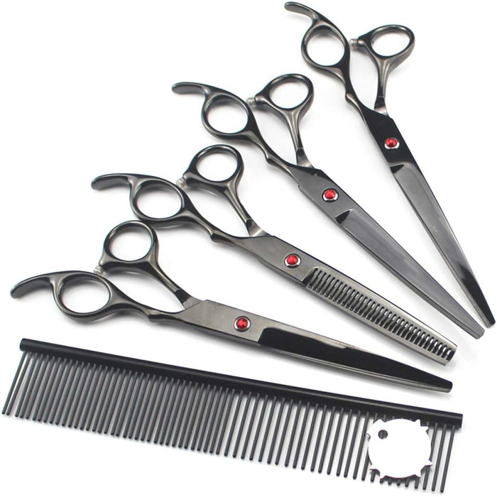 Набір ножиць для грумінгу собак, 7 дюймів, професійний набір для стрижки тварин, нержавіюча сталь, вигнуті ножиці, ножиці для розрідження, гребінець для грумінгу собак та котів, 5 шт. (сріблястий)