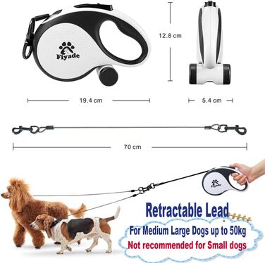 Висувна собача повідка, 5 м: повідка з двома карабінами, повідка для 2 собак, подовжена повідка для собак середніх та великих порід до 50 кг, білий та чорний колір