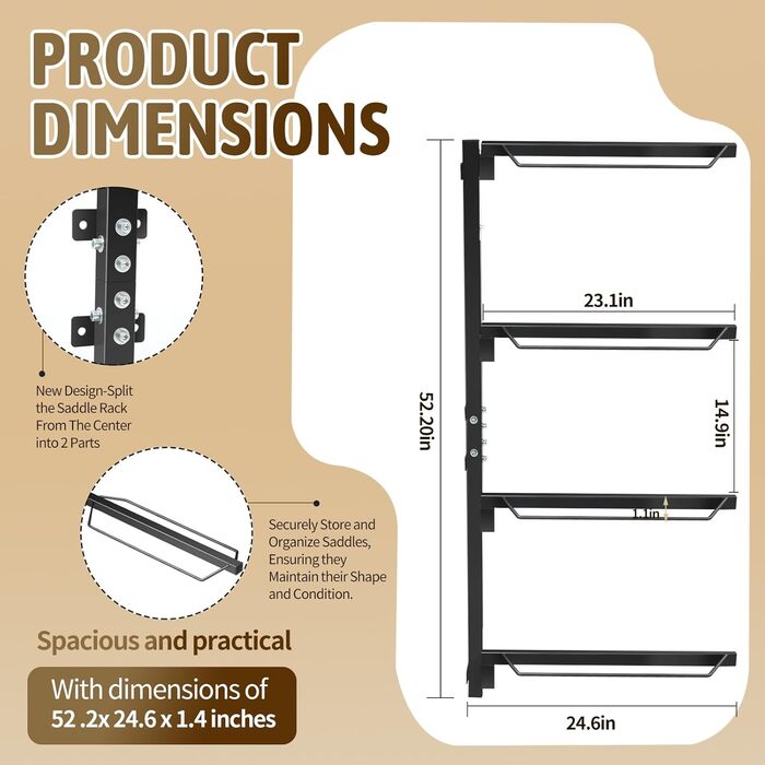 Стійка для сідел TOPTGO з 4 рівнями, настінна, для зберігання західних та англійських сідел – міцна сталева стійка, витримує до 136 кг, для збруї, підкладки, аксесуарів тощо