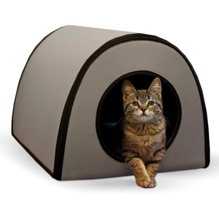 K&H Pet Products Термобудиночок для котів, утеплений, водонепроникний, з підігрівом, для вулиці, знімний чохол, безпечний, малий, 53,3×35,6×33 см, сірий