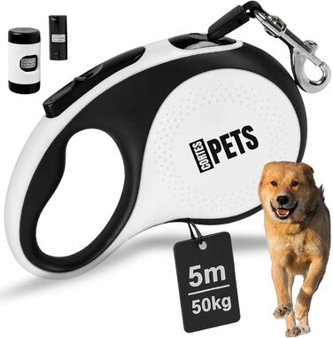 Висувна поводок для собак CORTESPETS® 5м - для малих та великих собак до 50 кг - високоякісна роликова поводок з зручним ручним захопленням (білий, L, 5м, до 50кг)