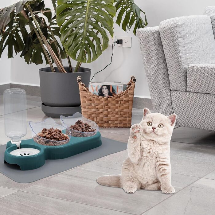 Набір мисок для котів та собак з диспенсером води, киликом та лопаткою, нахил 15°, миски для сухого та вологого корму, темно-синій