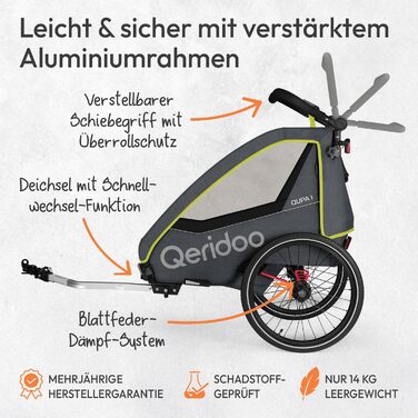 Причіп для велосипеда Qeridoo QUPA 1 з листковою підвіскою, складною кабіною, розширюваним сидінням, візок-причіп, регульована ручка, 5-точкова система ременів безпеки, для 1 дитини (Lime)