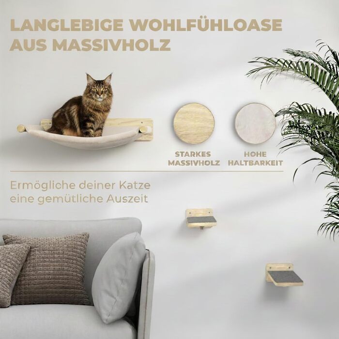 WOOWOOD® Комплект для лазіння котів - 5 частин, з масиву дерева - стіна для котів, драбина, гамак, крізьбард, меблі для котів