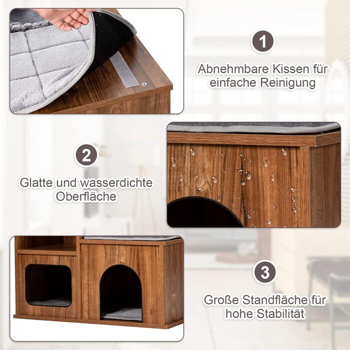 Котячий будиночок GYMAX з когтеточкою 81 см: дерев'яні меблі для котів з когтеточкою, лежаками, гамаком та 2 печерами, до 20 кг