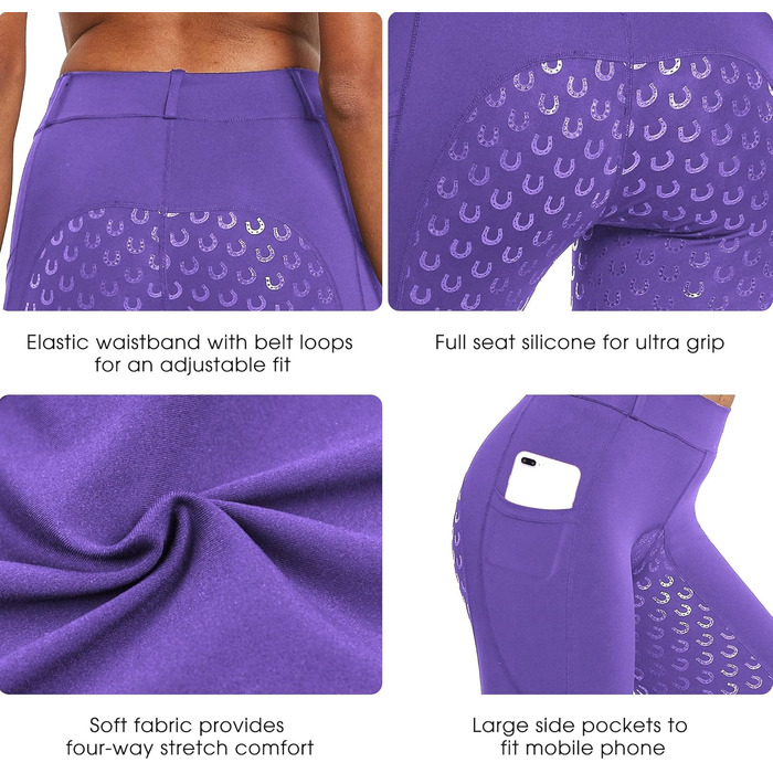 Легінси для їзди верхи FitsT4 Daen з повним силіконовим покриттям, кишенею для телефону та шлевками для ременя (M, світло-фіолетовий)