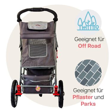 Візок для собак Innopet Comfort Air Eco чорного/срібного кольору – візок для собак/кішок з 30см повітряними колесами, складається однією рукою, підходить для лісових стежок – світловідбиваючі смуги, органайзер, перероблений нейлоновий матеріал (сірий)