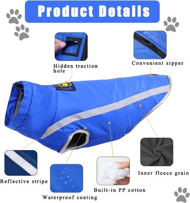 Зимова куртка для собак, тепла водонепроникна куртка для середніх та великих собак, флісова підкладка, світловідбиваючі елементи, для Лабрадора, Бульдога, Самоеда (5XL/60см, Синій)