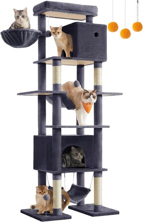 Котячий дерев'яний комплекс Feandrea XXL, 201 см, багатоярусний, з платформою, лежаком, 2 будиночками, 2 гамаками, захистом від перекидання, темно-сірий