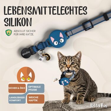 Нашийник для котів KittyTag з аксесуарами, сумісний з Apple Airtag, світловідбиваючий та світосвітний, GPS, захист від задушення, регульований (темно-синій)