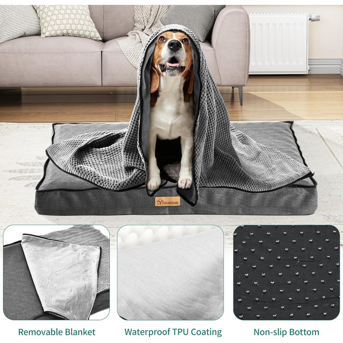 Кіжне ліжко YITAHOME для собак - 76x51 см, знімний чохол, килимок для собак, миється, не слизьке, сірий 76x51x7.5 см (Д x Ш x В)