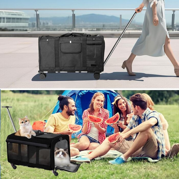 Рол-сумка для тварин з двома відділеннями, велика сумка-переноска для котів на колесах, чорна переноска для тварин до 15,9 кг, з супер вентиляцією та знімними колесами для 2 тварин