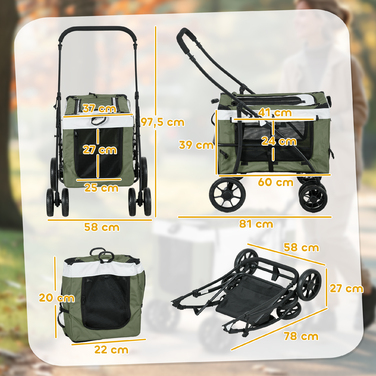 PawHut 2 в 1 Коляска для собак Dog Buggy Складна для собак і кішок до 10 кг Cat Buggy з подушками Сітка Вікна Двері Кошик для зберігання Котяча коляска Баггі Темно-зелений | Аосом