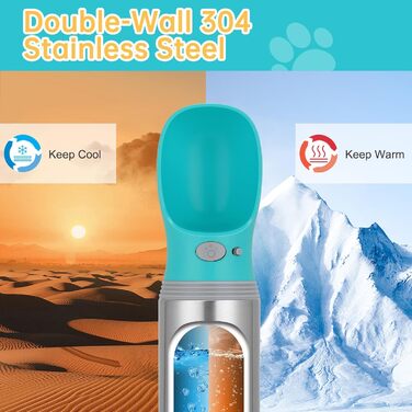 Портативна пляшка для води для собак 400 мл, нержавіюча сталь, без витоку, дозатор води для цуценят з годівницею, для подорожей, прогулянок, походів та активного відпочинку