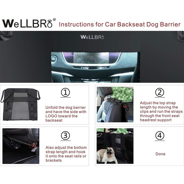 Бар'єр для собак у машину Wellbro: сітка з нейлону, регульований, з 2 віконками для безпечної подорожі