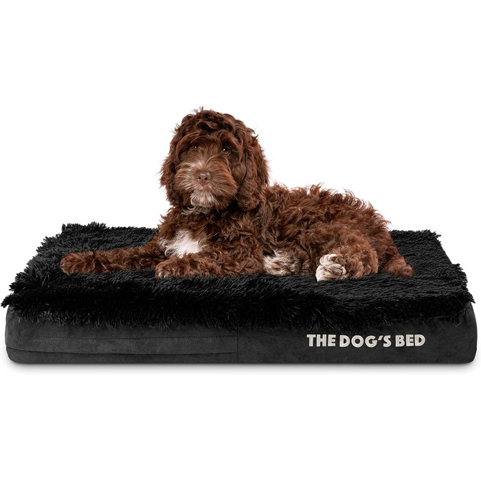 Ортопедичне ліжко для собак з Memory Foam, чорне штучне хутро, середнього розміру, вологостійке, знімні чохли