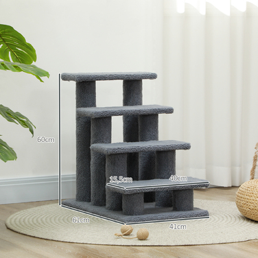 PawHut Pet Stairs Cat Stairs Сходи для собак 4 сходинки сірі 63.5x43x60см для кішок і собак, ідеально підходять для людей похилого віку та маленьких тварин