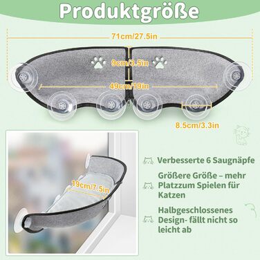 Кішка ліжко на вікно GUUSII HOME - гамак для котів, сіре, 71x19x9 см