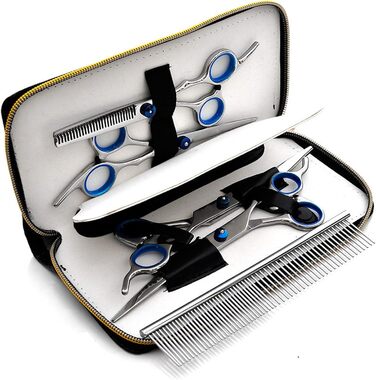 Професійний набір ножиць для грумінгу собак з нержавіючої сталі, 7.0 дюймів. Набір для догляду за тваринами: прямі, вигнуті ножиці, витончувач, гребінець для довгого та короткого волосся собак/кішок/домашніх тварин