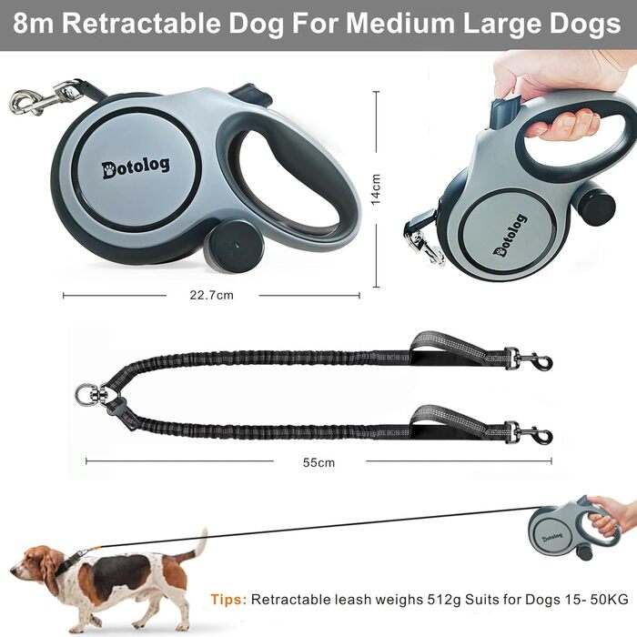 Рулетка для собак Dotolog 8м з двома лініями, з безпечною застібкою, для собак середніх та великих порід (сірий/чорний)