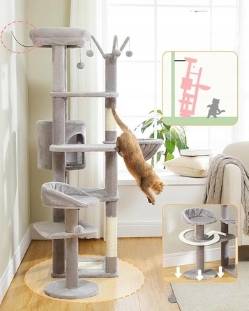 Багатоярусний когтеточка-комплекс для котів 150 см, стійкий, з ліжком — сірий