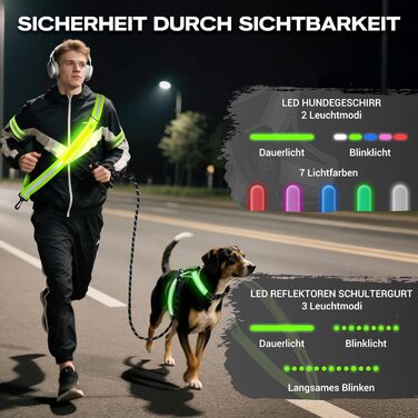 Світловідбиваюче обід для собак з LED-підсвічуванням, регульований, 1,5м, для нічних прогулянок