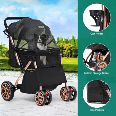 Візок для собак YITAHOME, чорний, для маленьких собак, з обертовим ручками, сітчастими вікнами та гальмами